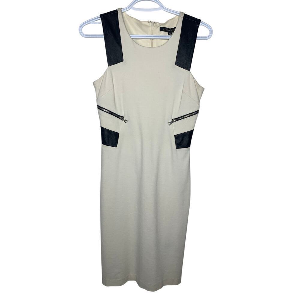 NWT Cynthia Steffe White Leather Trim Bodycon Work Wear Knee Length Dress
